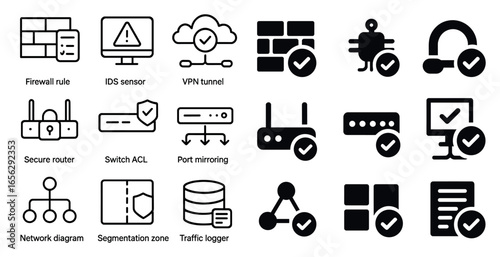 Cybersecurity and network silhouette icons set – solid, secure, it protection symbols
