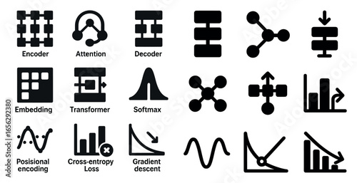 Neural networks solid icons set – filled, outline, ai and machine learning symbols