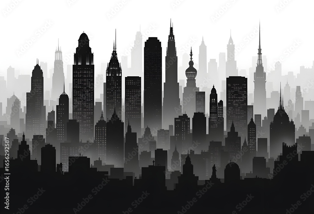 Fototapeta premium Silhouette of modern city skyline with tall skyscrapers in black and white gradient design.
