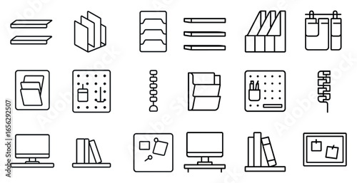 Office organization outline icons set – linear, workspace, filing, desk essentials