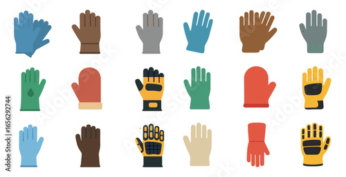 Glove collection icons set: flat, filled, handwear and protection symbols