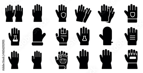 Hand protection solid icons set – filled, safety, gloves and shield symbols