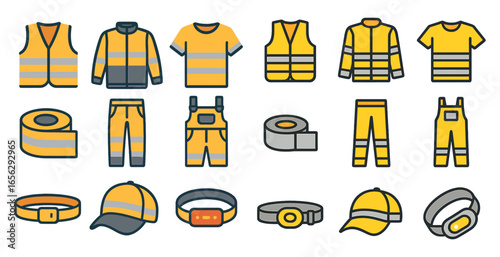 Safety and workwear icons set – flat, outlined, protective gear and clothing symbols