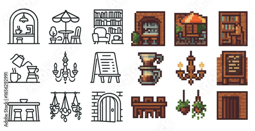 Home and interior icons set – pixel art, outline, decor and furniture graphics