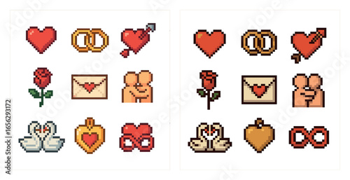 Love and romance pixel art icons set – heart, wedding, romantic symbols collection