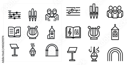 Music and worship line icons set – outline, melody, spiritual symbols and church themes