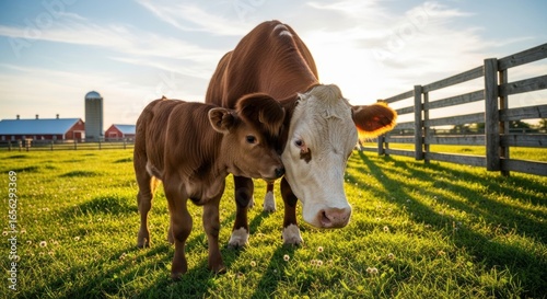 A heartwarming scene of a mother cow and her young calf standing together in a vibrant green pasture on a sunny rural farm.