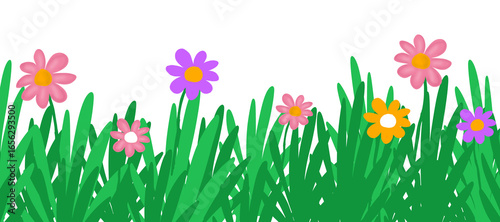 Green grass and flowers illustration – simple nature clip art for background and design. Perfect for backgrounds, outdoor scenes, eco designs, landscape decorations, posters and digital projects.