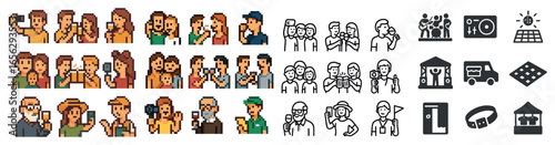 People and relationships icons set – pixel art, outline, social and community symbols