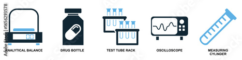 Set laboratory icon vector for scientific research, academic education, and medical testing. Ideal for illustrating chemistry, biology, and physics concepts with a comprehensive and cohesive design.