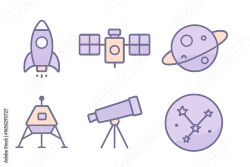 Space exploration icons: rocket, satellite, planet