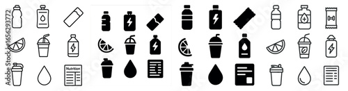 Sports drink silhouette icons set – solid, filled, hydration and beverage symbols