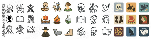 Mythology and legend icons set – outline, linear, ancient folklore symbols