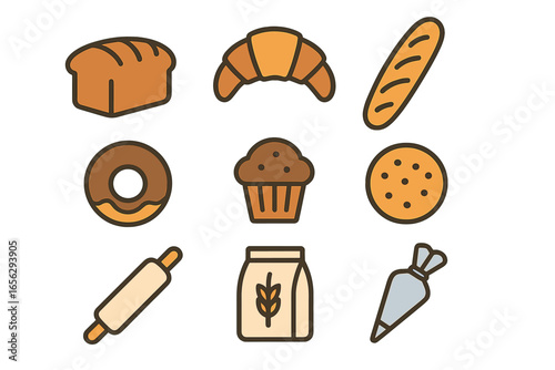 Baked goods and baking tools flat design icons