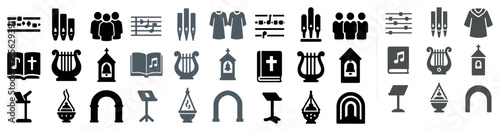 Church and worship silhouette icons set – religious, altar, spiritual symbols