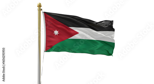 Jordan National Flag Waving on Flagpole Isolated on White Background, Patriotic Symbol for Jordan Independence and National Pride
