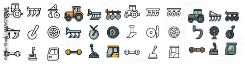 Agriculture pixel art icons set – farming, harvesting, equipment symbols