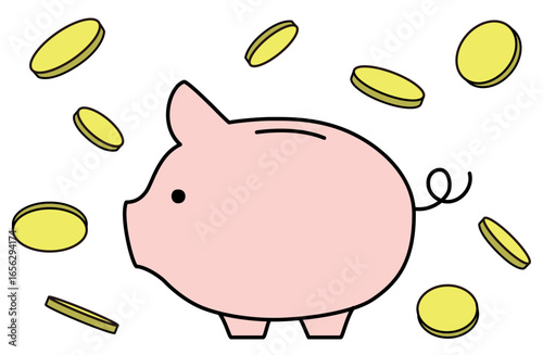 いろいろな角度のコインと豚の貯金箱を描いたシンプルなベクター線画イラスト