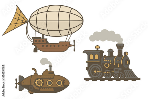 Steampunk vehicles: airship, submarine, and train