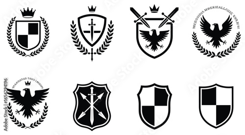 Collection of eight black and white heraldic crests and shields with eagles and swords heraldry emblem