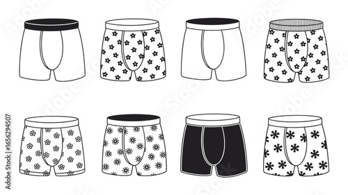 Collection of eight black and white line drawings of men's boxer briefs with various patterns underwear