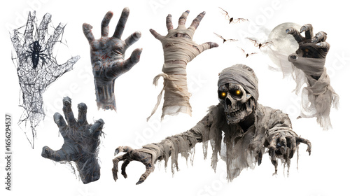 Set of spooky zombie and mummy hands with eerie glowing eyes and claw-like fingers on transparent background, perfect for Halloween decorations and horror designs