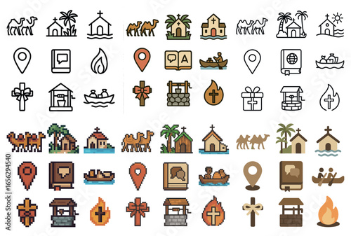 Religion and travel icons set – outline, linear, faith symbols and location