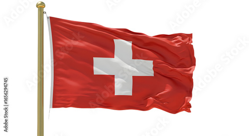 Swiss flag waving on flagpole isolated on white background, national symbol of Switzerland, perfect for travel and cultural content