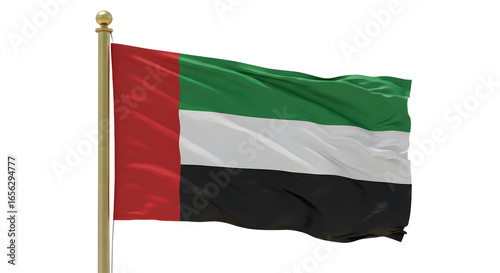United Arab Emirates flag waving on flagpole with white background, national symbol of UAE perfect for cultural and patriotic designs