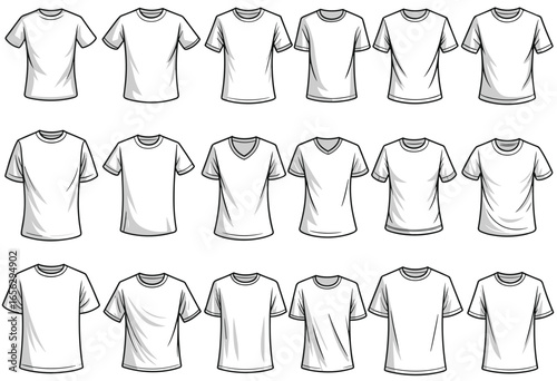 Collection of White T- Shirt Styles and Necklines in Black and White Line Drawing t-shirt white t-shirt