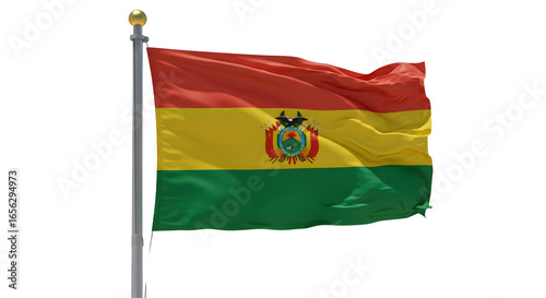 Waving Bolivian flag on pole against clear sky, national symbol of Bolivia perfect for cultural and patriotic themes