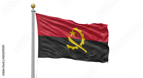 Waving national flag of Angola on flagpole isolated on white background, 3D rendering, perfect for cultural and patriotic themes