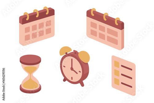 Time management icons: calendar, hourglass, alarm clock