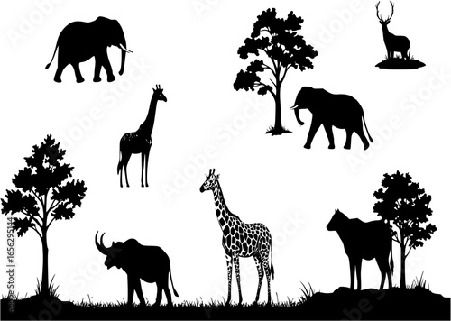 Wild Animals Forest Landscape Vector Silhouette
