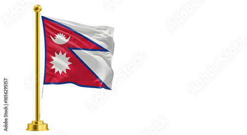 Waving national flag of Nepal on gold flagpole isolated on white background, symbol of Nepalese pride and identity