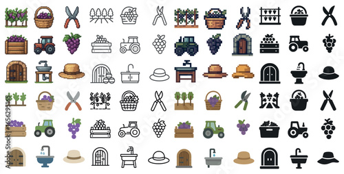 Agricultural and farming icons set – flat, pixel art, harvest and rural symbols