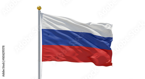 Waving Russian flag on pole with white, blue, and red horizontal stripes, isolated on white background, perfect for patriotic and national events