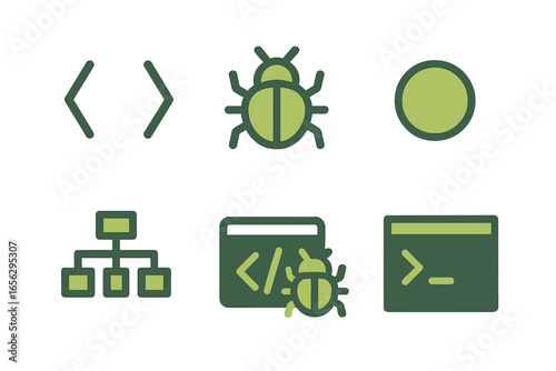 Coding and debugging icons with a dark green background