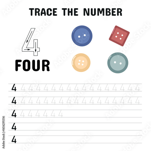 Number 4 tracing worksheet for kids featuring four colorful button illustrations and handwriting practice