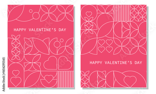 Set of two modern Valentine’s Day greeting cards with abstract geometric heart patterns in white on a pink background. Minimalist romantic design for February 14