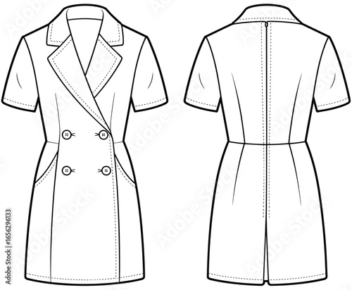 Front and back view fashion illustration of a short sleeve double breasted blazer dress with pockets and buttons