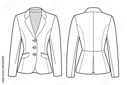 Front and back view fashion illustration of a white tailored blazer with buttons and pockets jacket technical drawing