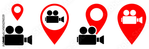Filming place location with pin map vector for movie sets, photo shoots, and creative productions. Ideal for illustrating location scouting, video projects, and media mapping.
