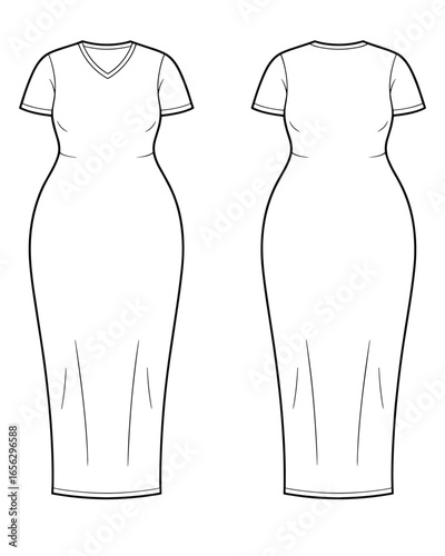 Front and back view of a white short sleeve v-neck midi dress fashion illustration clothing