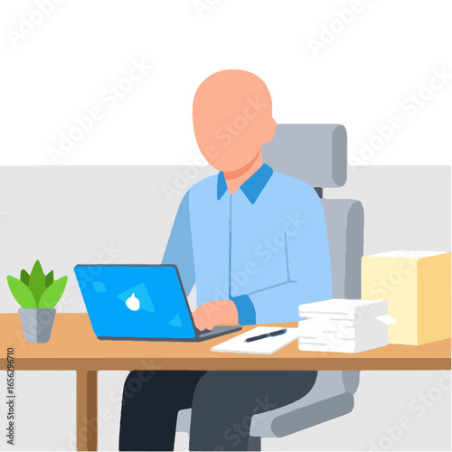Remote Work Desk Setup Illustration | Cartoon Person Using Laptop with Plant, Papers, and Notebook | Minimalist Workspace for Productivity and Focus