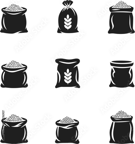 Nine black and white icons of grain sacks with wheat stalks and granular contents agriculture