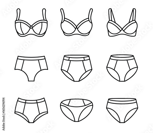 Line art illustrations of bras and panties on a white background underwear lingerie