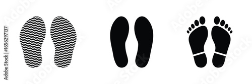 Footprint icon set. Barefoot footprints, shoe prints, adults steps, Foot print vector illustration set with shoes bare feet and boot print, Human walking footprints shoes and shoe sole.
