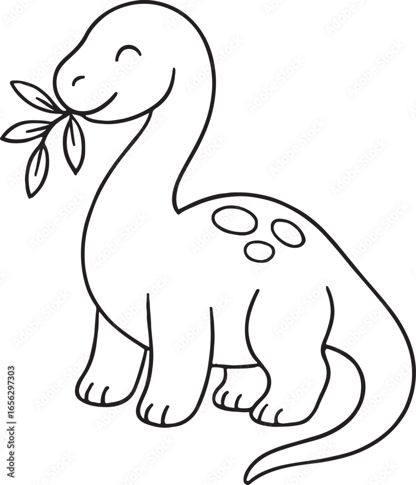 Fototapeta premium Cute cartoon dinosaur eating leaves with a happy expression