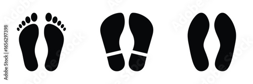 Footprint icon set. Barefoot footprints, shoe prints, adults steps, Foot print vector illustration set with shoes bare feet and boot print, Human walking footprints shoes and shoe sole.